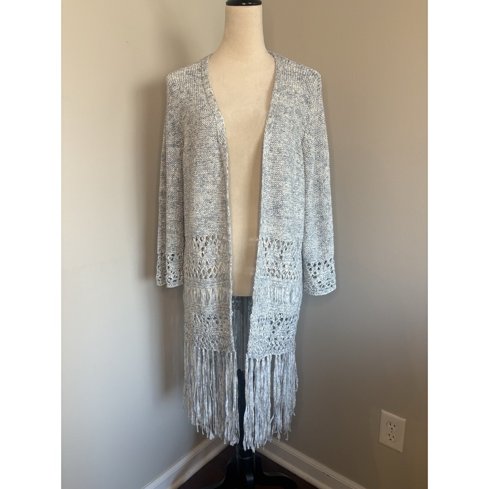 Blank NYC Cardigan Sweater Fringe Crochet 3/4 Sleeves Blue White Knit Size Small